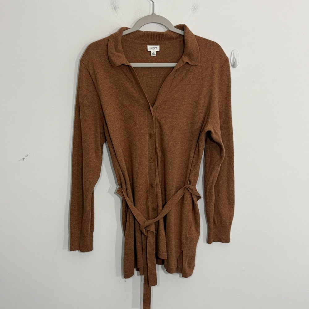 J Crew Womens Cardigan L Brown Belted Longline Quiet Luxury Preppy Minimalist